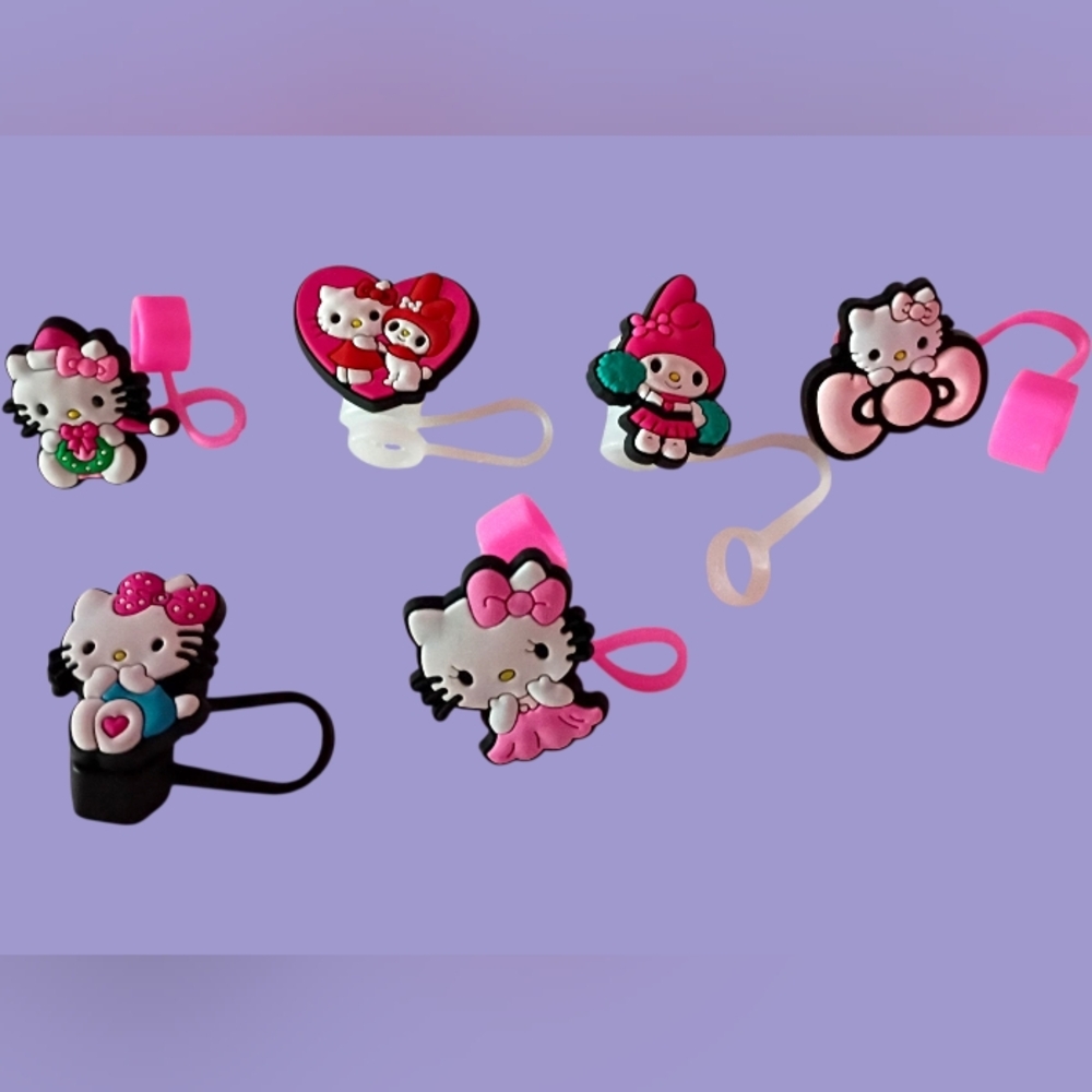 HELLO KITTY and Friends Straw Covers (6 pc) My Melody Christmas Bows Cheer Poms